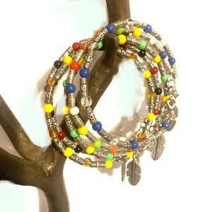 5 Beaded Bracelets w/ Feather Charms